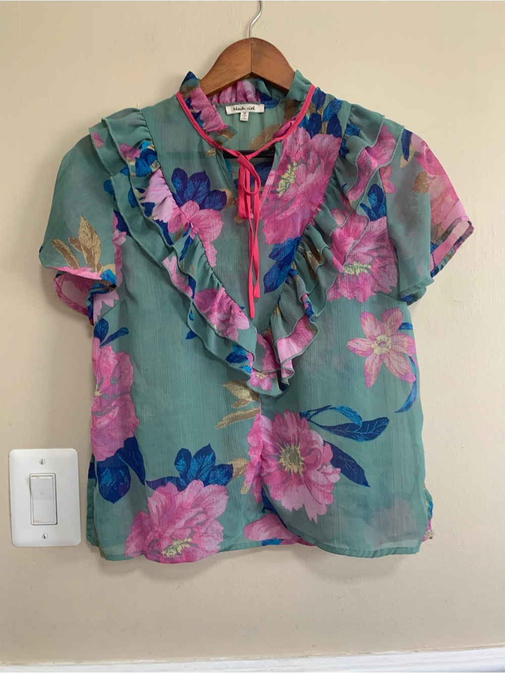 bleuh ciel Floral Ruffle Tie-Neck Blouse in Teal & Pink